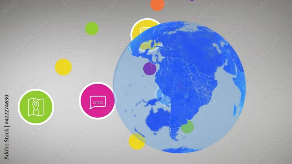 Animation of digital icons over globe on grey background Animation of digital icons over globe on grey background