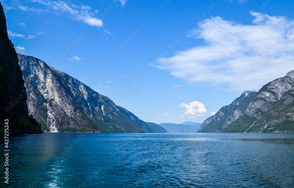 Beautiful view of the fjord and mountains. Sognefjord fjord runs through the famous town of Flam famous for its landscapes and its tourist train