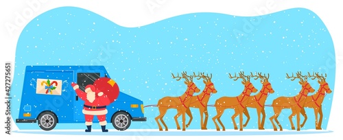 Merry christmas celebration  winter mood  santa car in reindeer harness  holiday gift  design cartoon style  vector illustration.
