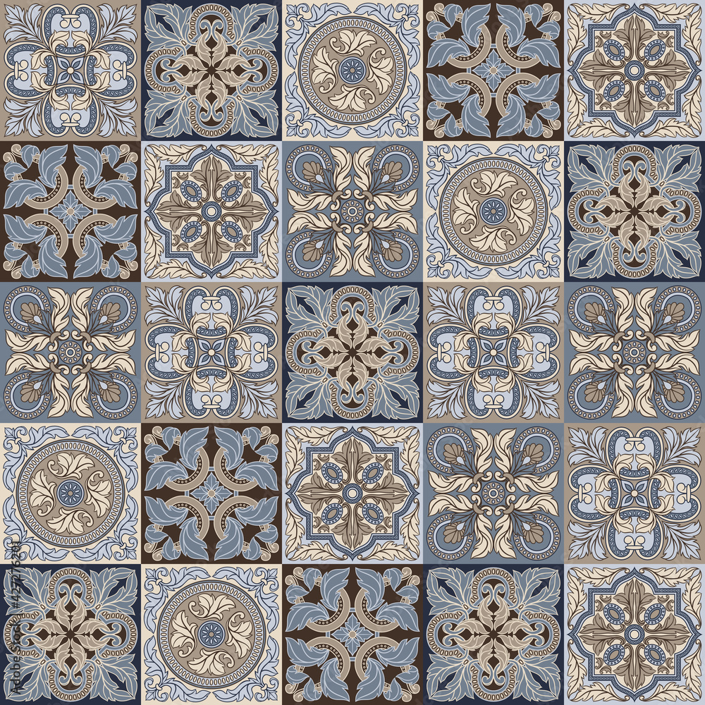 Portuguese azulejo ceramic tile seamless pattern. Mediterranean traditional ornament.