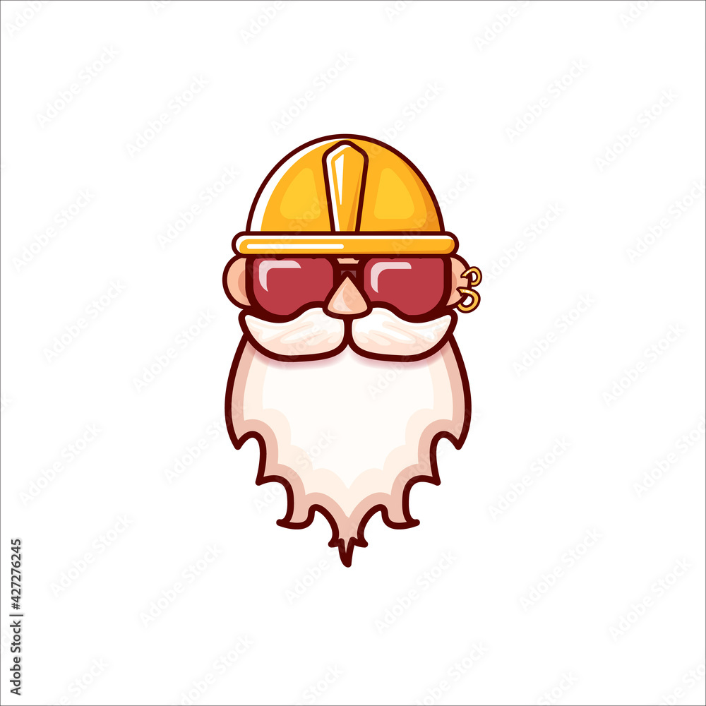 Worker with orange helmet and beard isolated on white background. 1 may Labor day icon or sign with funky man Worker with orange helmet and beard isolated on white background. 1 may Labor day icon or sign with funky man