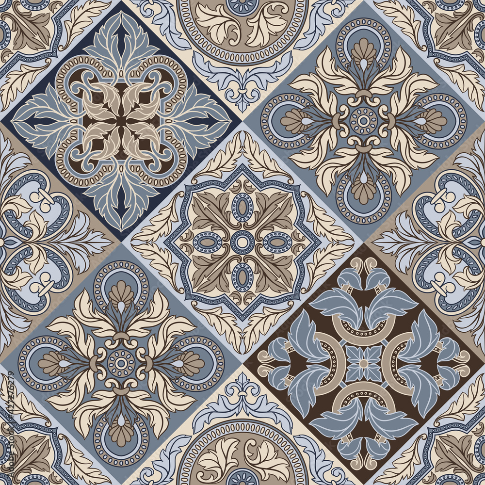 Portuguese azulejo ceramic tile seamless pattern. Mediterranean traditional ornament.