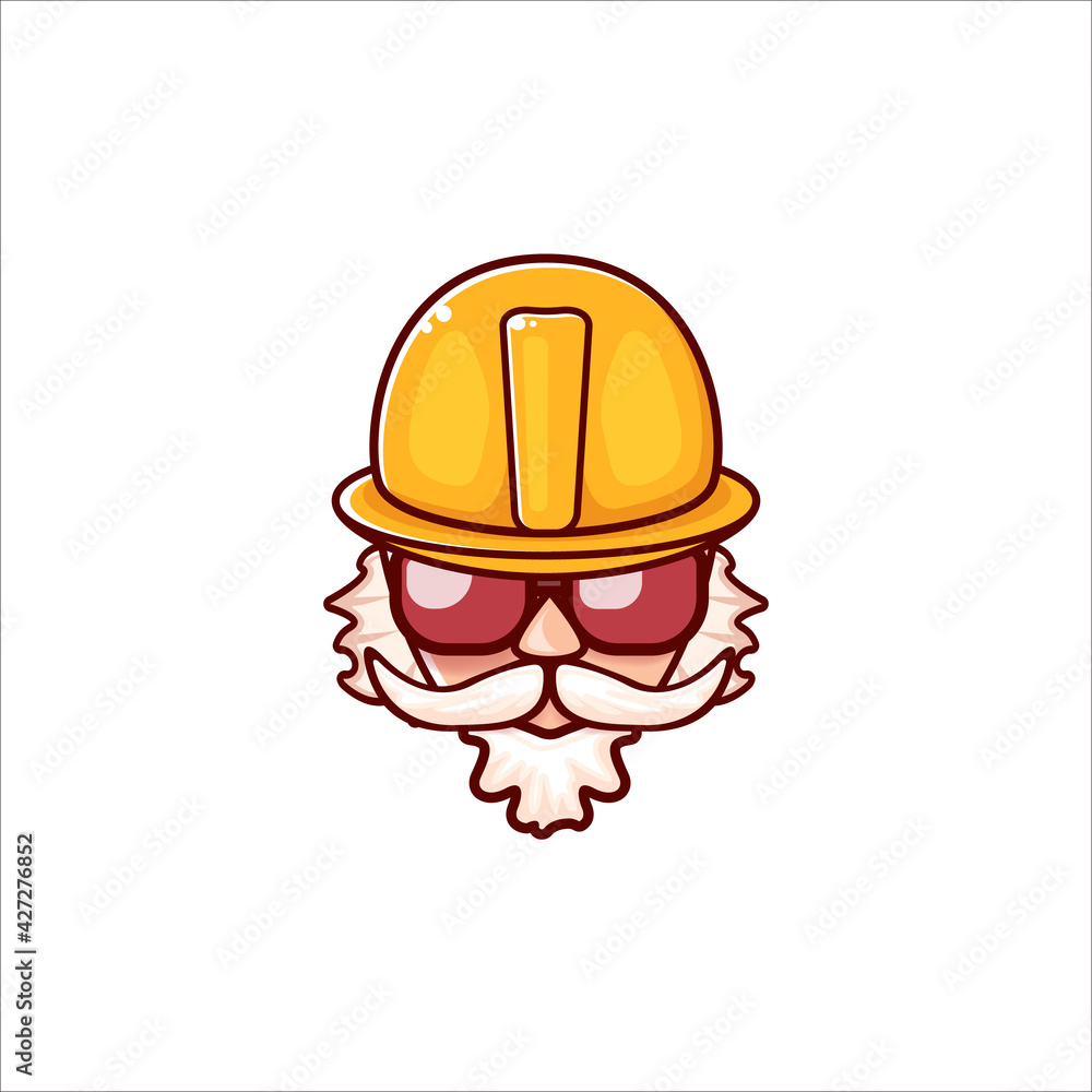 Worker with orange helmet and beard isolated on white background. 1 may Labor day icon or sign with funky man Worker with orange helmet and beard isolated on white background. 1 may Labor day icon or sign with funky man
