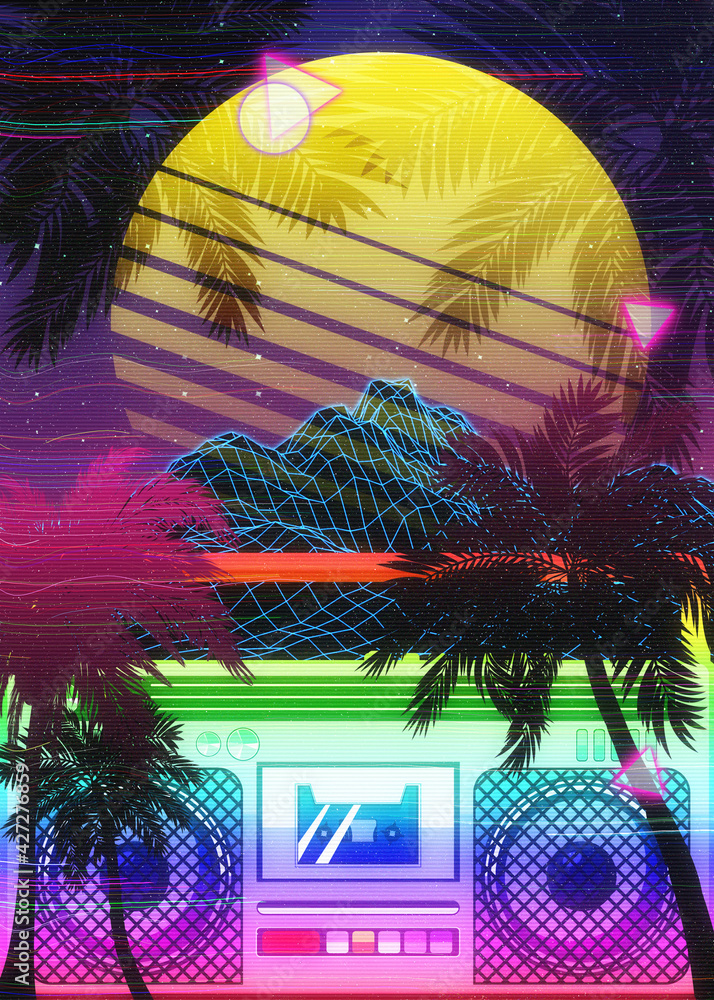 Boombox 80s vaporwave tropical poster Stock Illustration | Adobe Stock