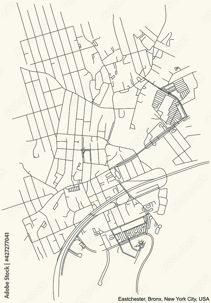 Black simple detailed street roads map on vintage beige background of the quarter Eastchester neighborhood of the Bronx borough of New York City, USA