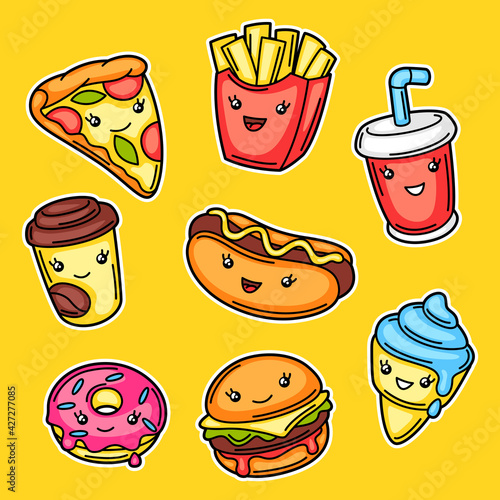 Set of cute kawaii fast food meal.