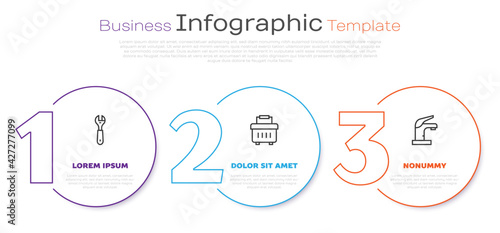 Set line Wrench spanner, Toolbox and Water tap. Business infographic template. Vector