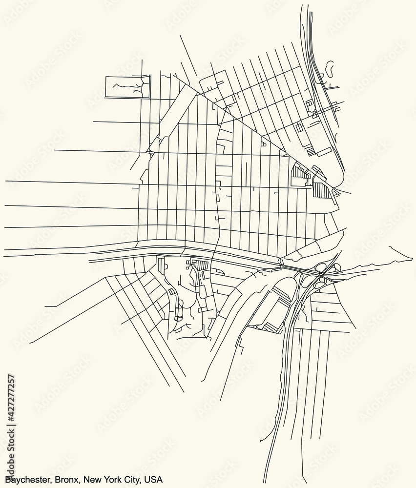 Black simple detailed street roads map on vintage beige background of the quarter Baychester neighborhood of the Bronx borough of New York City, USA