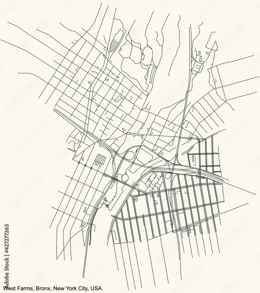 Black simple detailed street roads map on vintage beige background of the quarter West Farms neighborhood of the Bronx borough of New York City, USA