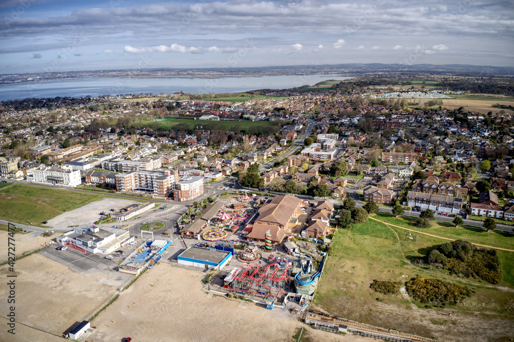 Hayling Island South Beach aerial with the Amusement Park and the popular holiday destination Aerial view.