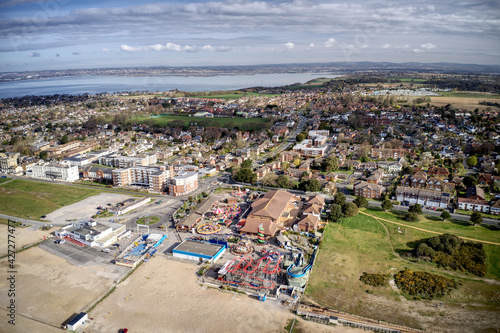 Hayling Island South Beach aerial with the Amusement Park and the popular holiday destination Aerial view.