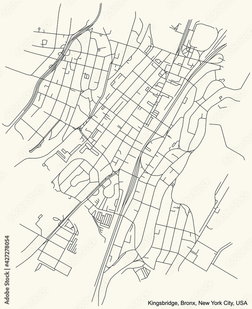 Black simple detailed street roads map on vintage beige background of the quarter Kingsbridge neighborhood of the Bronx borough of New York City, USA