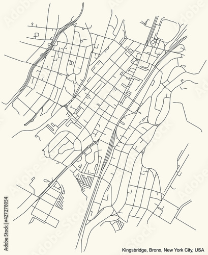 Black simple detailed street roads map on vintage beige background of the quarter Kingsbridge neighborhood of the Bronx borough of New York City, USA