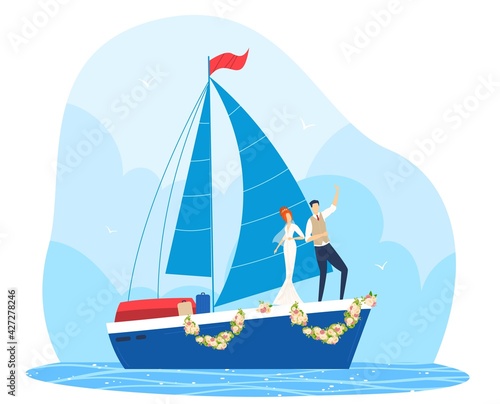 Cruise wedding ship, sea holiday love, happiness holiday, retro honeymoon couple, design, cartoon style vector illustration.