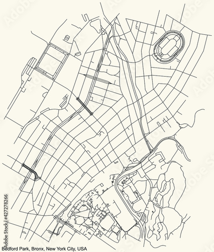 Black simple detailed street roads map on vintage beige background of the quarter Bedford Park neighborhood of the Bronx borough of New York City, USA