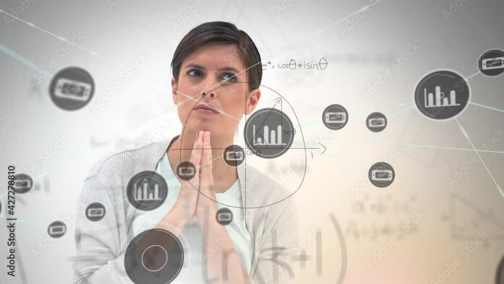 Animation of network of connections with icons over businesswoman thinking Animation of network of connections with icons over businesswoman thinking
