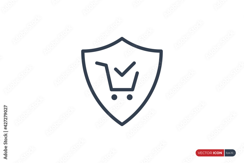 Shopping Protection Icon Line. Shield Line with Shopping Cart and Check Mark inside isolated on White Background. Flat Vector Icon Design Template Elements for Online Store.