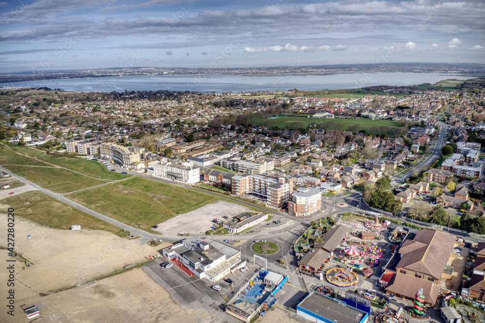 Beautiful Hayling Island Hampshire South Beach aerial with the Amusement Park and the popular holiday destination in Southern England Aerial view.