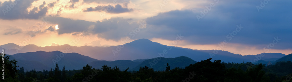 beauty scenic View Of Silhouette Mountains Against Sky At Sunset panorama