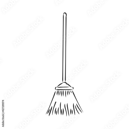 Black outline vector broom on white background.