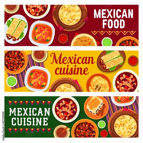 Mexican cuisine food banners vector spicy chicken wings, beef bean stew and chilli con carne. Tacos de pato with duck, rice, bread pudding capirotada and potato casserole with cheese, meat empanada
