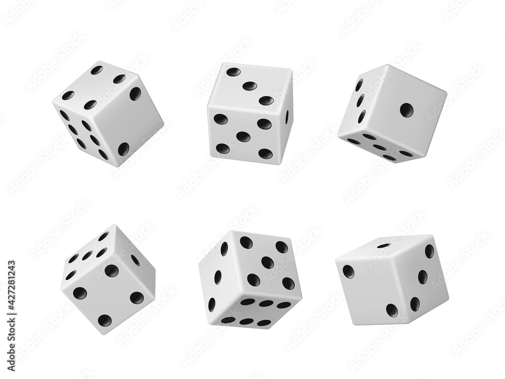 Gambling game dice realistic vector set of casino craps, poker and tabletop board games Isolated white play dice cubes with black dots or pips in different positions, entertainment Gambling game dice realistic vector set of casino craps, poker and tabletop board games Isolated white play dice cubes with black dots or pips in different positions, entertainment