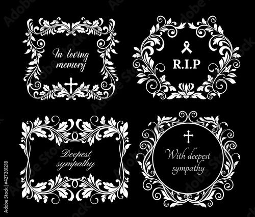 Funeral vector frames, isolated wreaths of floral design with crosses, leaves and flourishes. Mourning condolence cards. Obituary mournful funereal monochrome memorial borders, laurel wreath