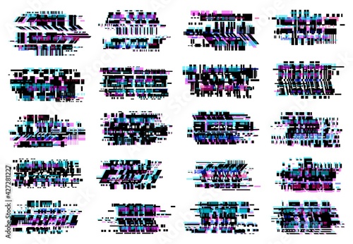 Glitch effect vector icons, abstract glitched distortion with colored stripes and random pixels. Television screen distorted glitch video, VHS camera and no signal TV effect isolated on white