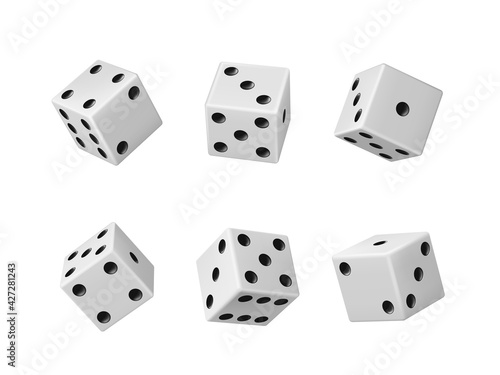 Gambling game dice realistic vector set of casino craps, poker and tabletop board games Isolated white play dice cubes with black dots or pips in different positions, entertainment