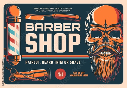 Barbershop, haircut, beard shave or trim retro banner. Vector barber shop pole, hairdresser scissors, razor blade and hair clipper or trimmer, skull of hipster man with stylish beard and mustache