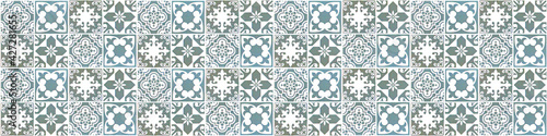 Seamless blue gray white vintage retro geometric square mosaic flower leaf ornate motif cement tiles wall texture background banner panorama photo