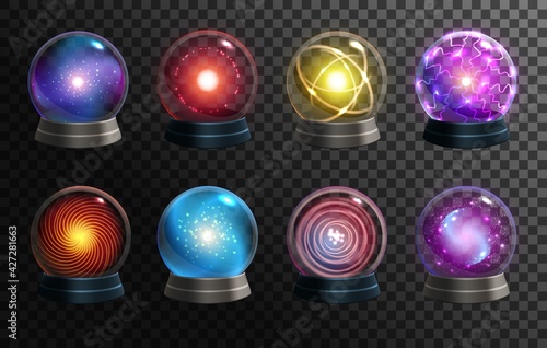 Magic crystal balls on transparent background, vector globes of fortune teller, oracle and Halloween wizard. Realistic 3d glass spheres or glowing orbs with magical lights, circles and mystery glow