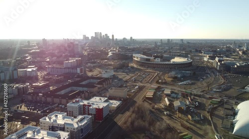 Drone over Prospect Park industrial neighborhood looking towards Minneapolis, MN at Golden Hour