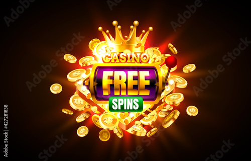 Casino free spin 777 label frame, golden banner, border winner, Vegas game. Vector