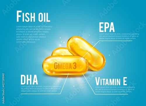 Fish oil pills content vector infographics with omega -3 fatty acids of DHA and EPA and vitamin E supplement yellow gel capsules with text template and sparkles. Medicine, health care, pharmacy design