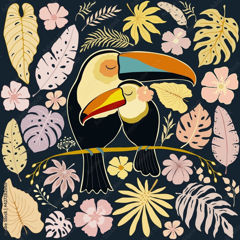 Decorative pattern with toucan birds and tropical leaves