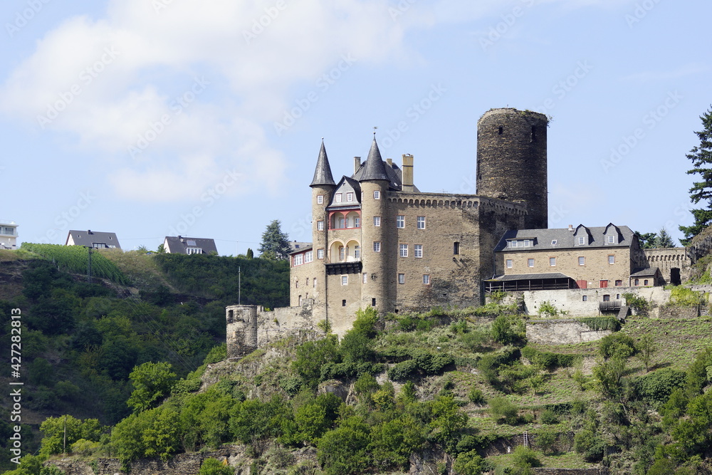Burg Katz und Burg Maus bei St. Goarshausen am Rhein bei einer Flussschifffahrt 