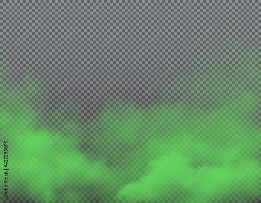 Green bad smell on transparent background with realistic vector clouds of stink, smoke, odor and stench vapor. Fog, mist, haze, steam and toxic gas evaporation 3d backdrop and border design - obrazy, fototapety, plakaty 
