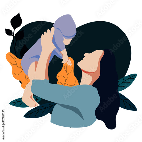 Sweet and kind mother hugging a baby with light blue heart. Mother's day concept, feeling generous and warm, mother and son or daughter relationship, holding baby, caring. Flat vector illustration.