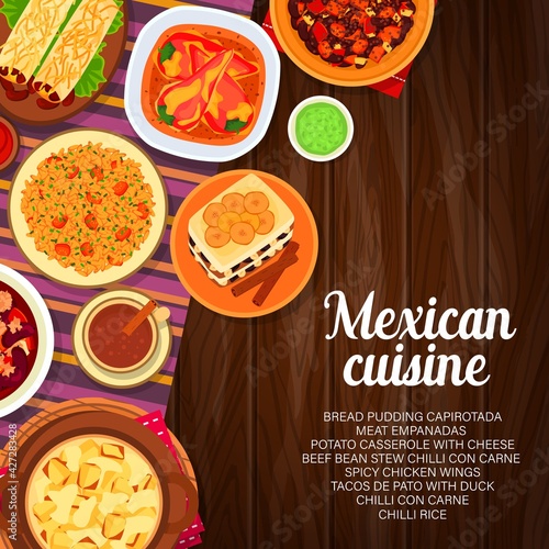 Mexican cuisine vector potato casserole with cheese and meat empanada. Spicy chicken wings, coffee, beef bean stew, chilli con carne. Tacos de pato with duck, chilli rice food of Mexico cartoon poster