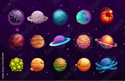 Planets of alien or fantasy space cartoon vector space game ui. User interface elements of another world universe galaxy space planets and stars with frozen ice  orbits  satellites and craters