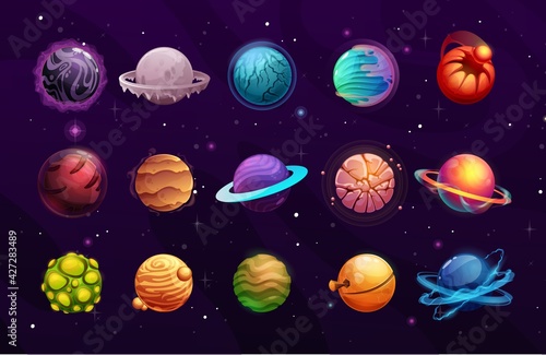 Planets of alien or fantasy space cartoon vector space game ui. User interface elements of another world universe galaxy space planets and stars with frozen ice, orbits, satellites and craters