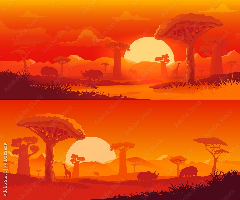 African savanna nature vector landscape at sunset. Safari animal, dusk orange sky, sun and cloud, savannah baobab tree, elephant and giraffe, rhino and hippo, savannah mountain silhouettes