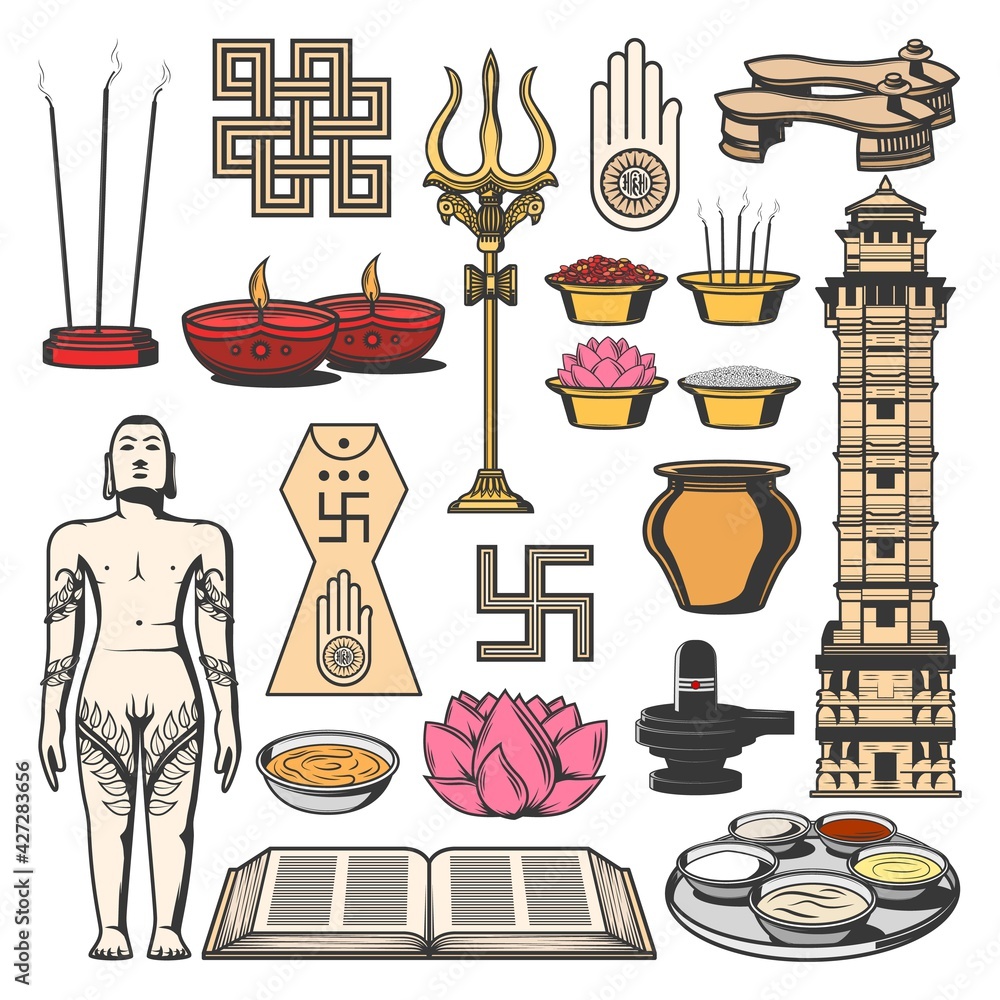 Jainism Indian religion symbols with vector sketches of Jain Dharma