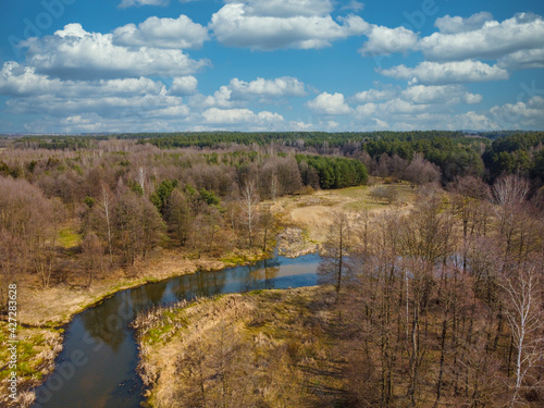 Low flight over the small Grabia River, Poland. 