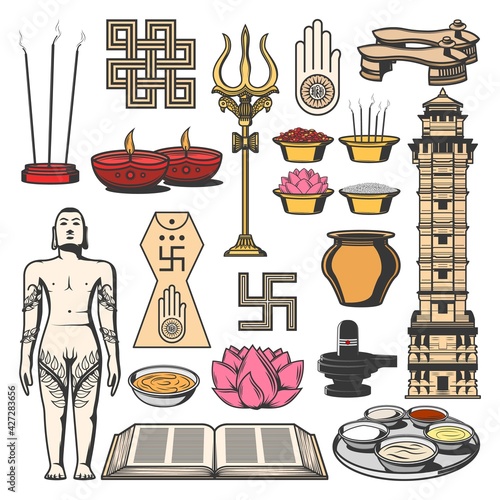 Jainism Indian religion symbols with vector sketches of Jain Dharma, ahimsa and kalash pot. Jain Prateek Chihna, diya lamps, lotus, lingam and shrivatsa, paduka, bahubali, agama book and panchamrita