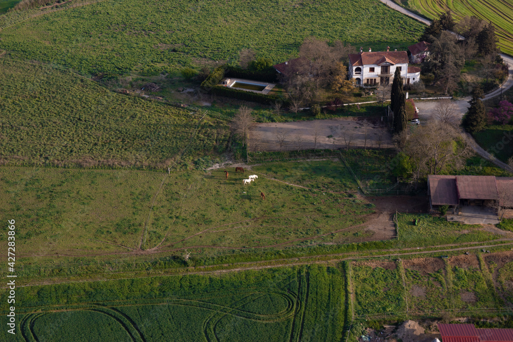 Vista aérea de un campo y una casa