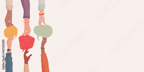 Agreement or affair between a group of colleagues or collaborators.Diversity People who exchange information.Arms and hands holding speech bubble.Concept of sharing and exchange. Banner