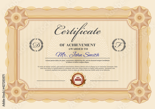 Professional achievement certificate or diploma vector template. Graduation, business success or victory congratulation document with guilloche ornate frame or border, seal and calligraphy