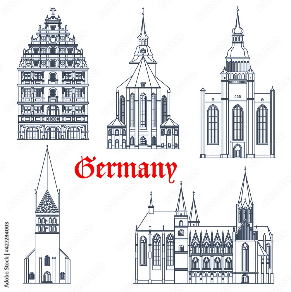 Germany landmark buildings architecture, vector icons of gothic churches and cathedrals. Germany landmark of St Michael and John church Luneburg, Oppenheim Katharinenkirche and Gewandhaus Braunschweig